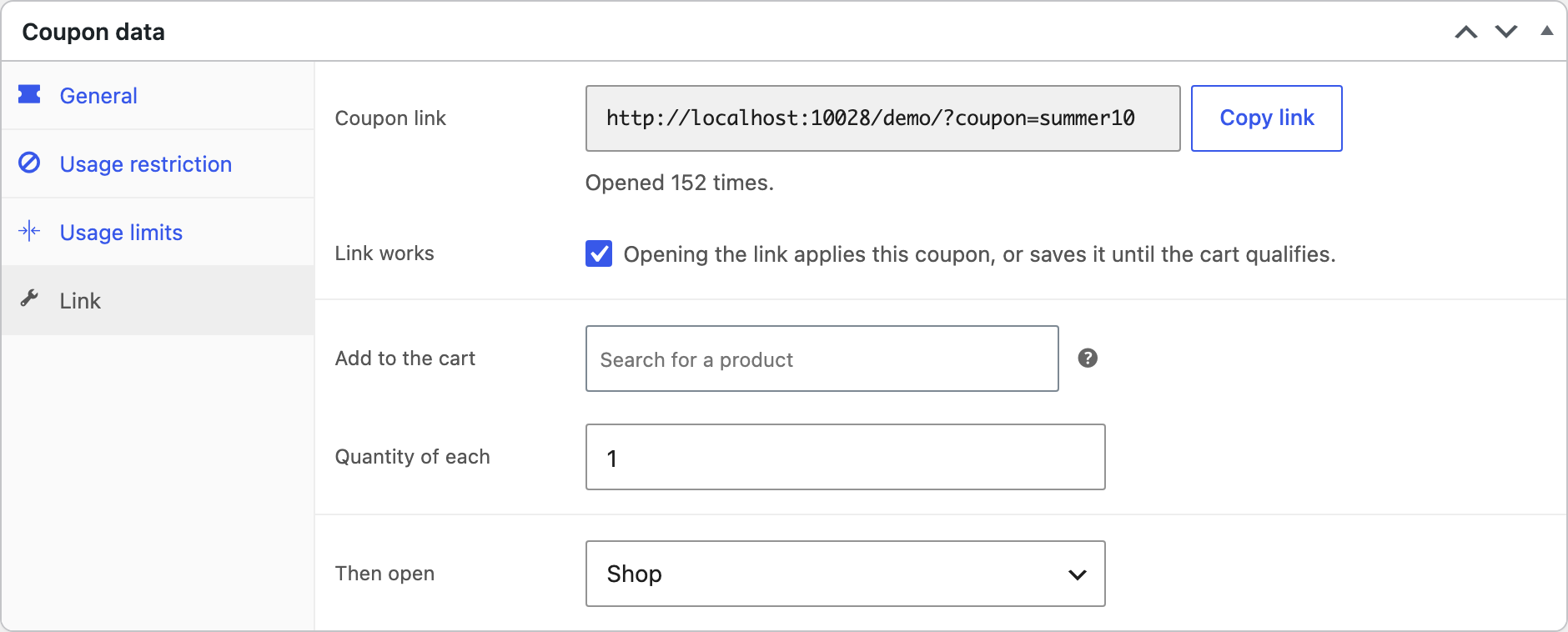 The Link tab of a coupon.