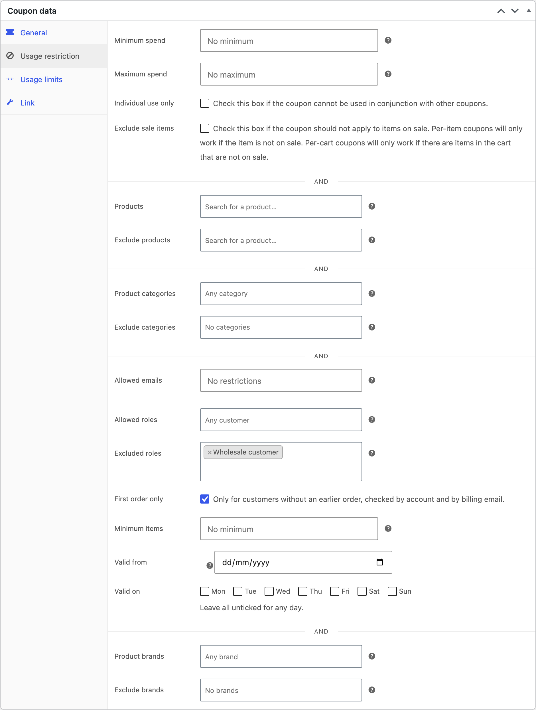 The extra rules in the Usage restriction tab.