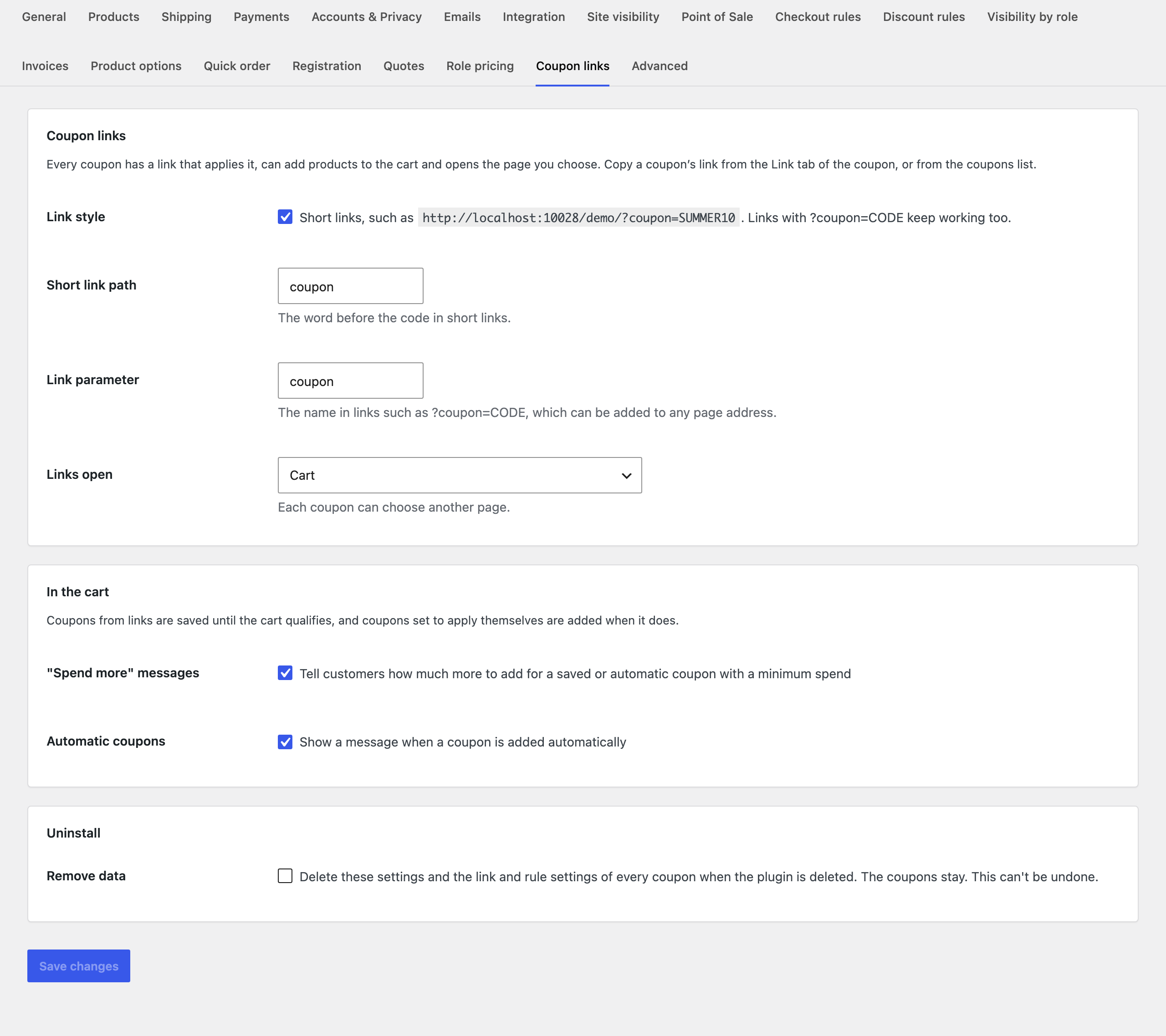 Coupon links settings.