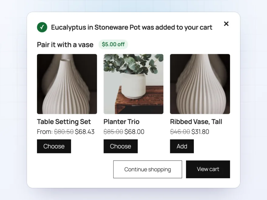 Popup after adding a plant, suggesting vases at $5 off