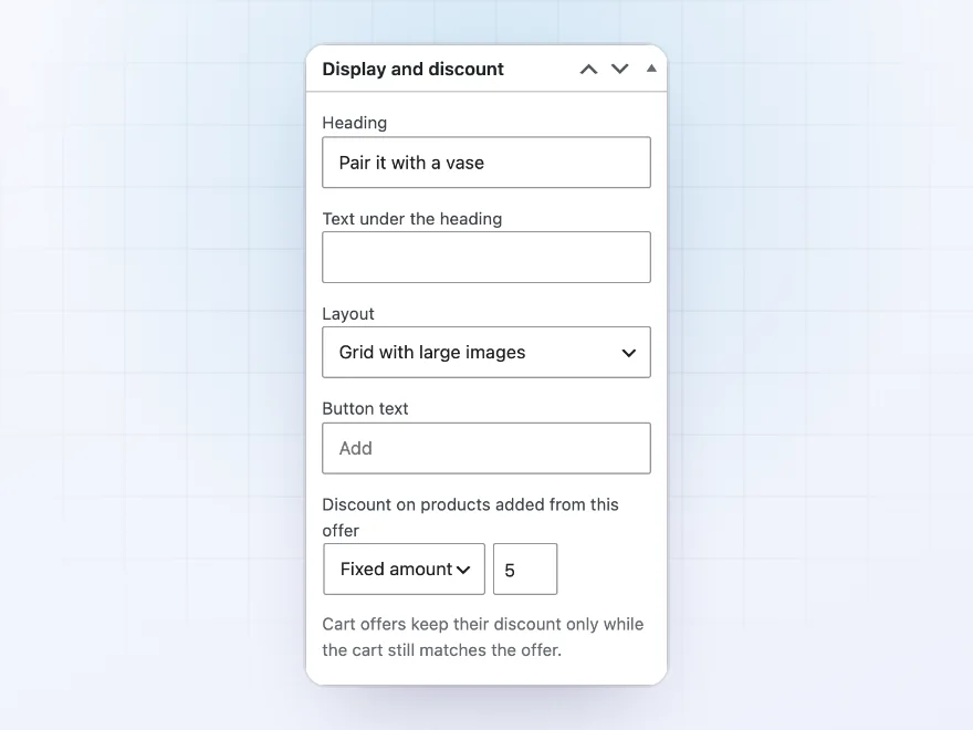 Offer display settings with heading, layout and a 10% discount