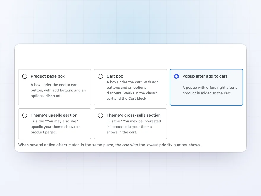 Where an offer shows: product page box, cart box, popup and the theme’s sections