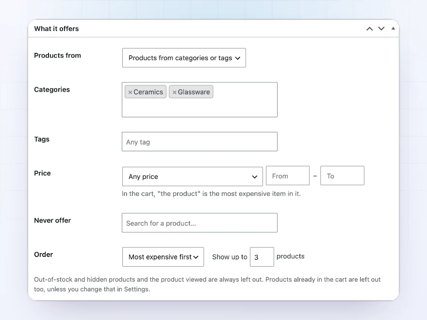 Offer settings for which products to show and in what order