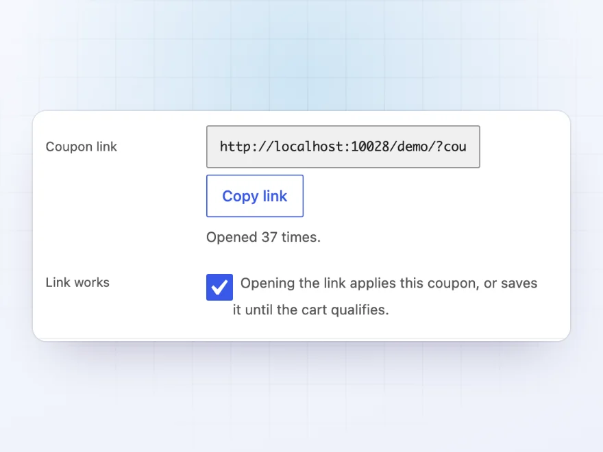 Coupon Link tab with the coupon link, a Copy link button and the number of times it was opened