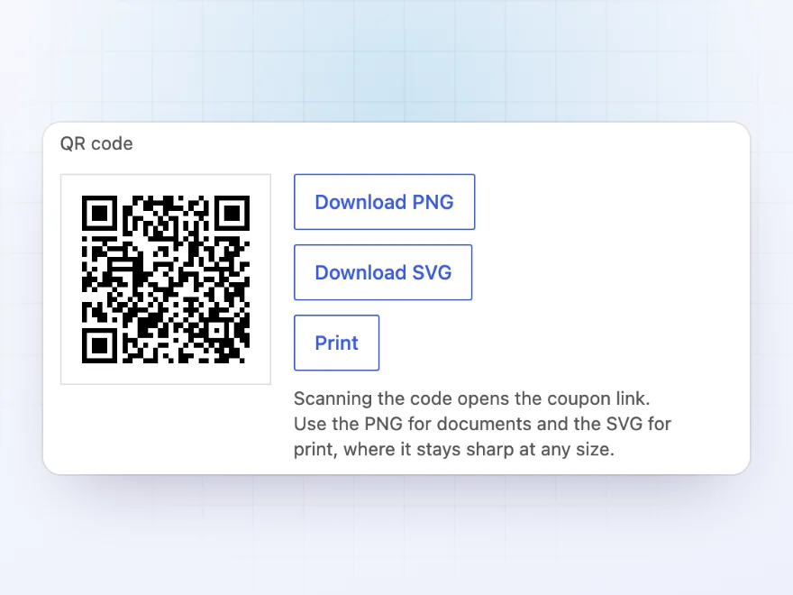 QR code for a coupon link with Download PNG, Download SVG and Print buttons