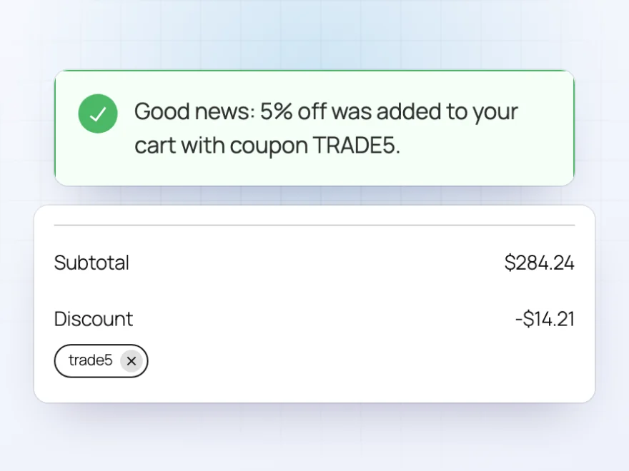 Message: Good news, 5% off was added to your cart with coupon TRADE5, and the discount in the cart totals