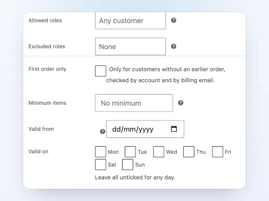 Coupon rules: allowed and excluded roles, first order only, minimum items, a start date and days of the week