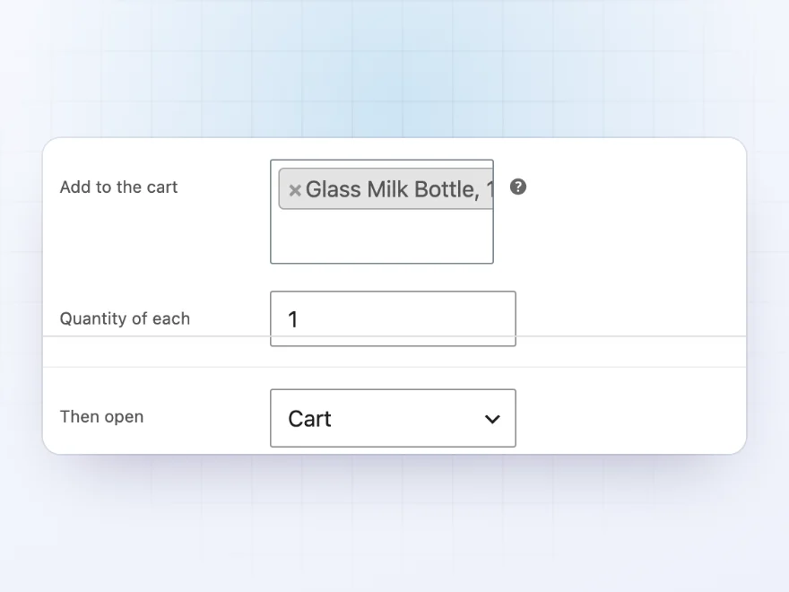Coupon link settings that add a glass milk bottle to the cart and open the cart