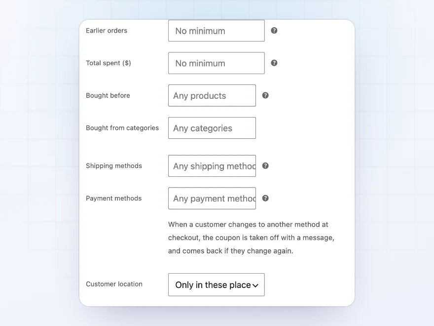 Coupon rules for customer location and purchase history