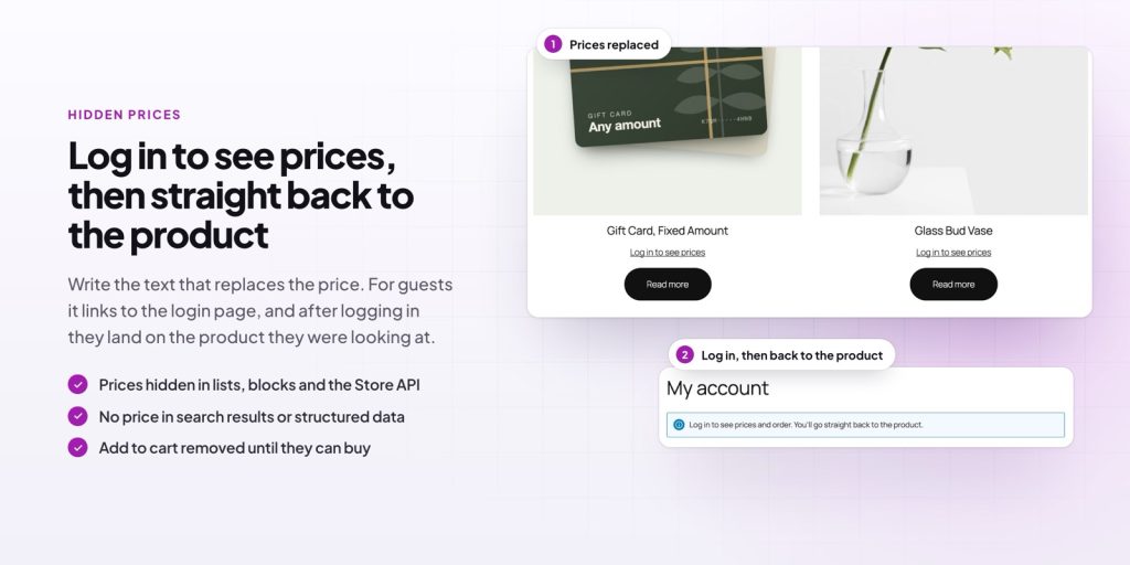 WooCommerce shop with prices replaced by a Log in to see prices link, and the login page that returns the customer to the product
